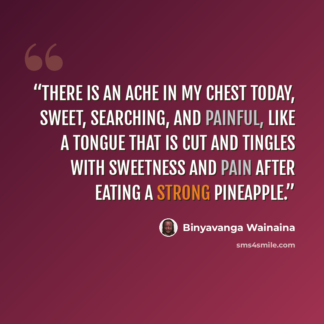 “There is an ache in my chest today, sweet, searching, and painful, like a tongue that is cut and tingles with sweetness and pain after eating a strong pineapple.” quote by Binyavanga Wainaina