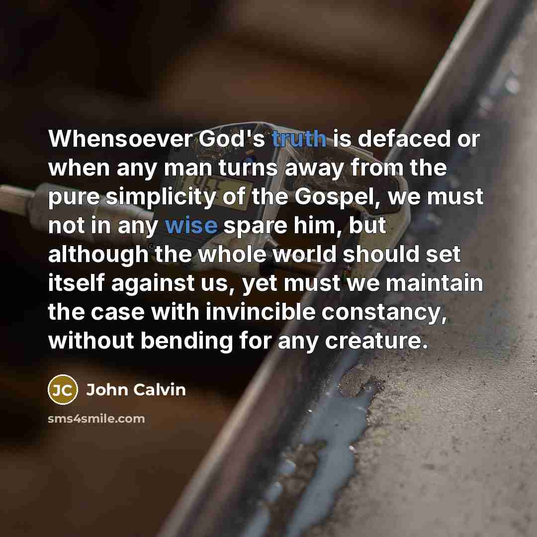 “Whensoever God's truth is defaced or when any man turns away from the pure simplicity of the Gospel, we must not in any wise spare him, but although the whole world should set itself against us, yet must we maintain the case with invincible constancy, without bending for any creature.” quote by John Calvin