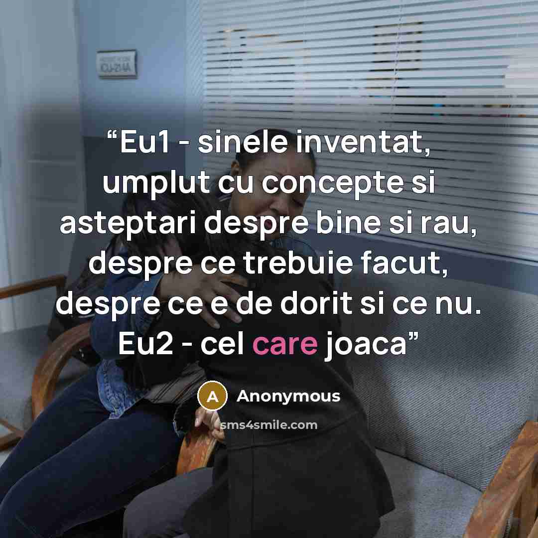 “Eu1 - sinele inventat, umplut cu concepte si asteptari despre bine si rau, despre ce trebuie facut, despre ce e de dorit si ce nu. Eu2 - cel care joaca” quote by Anonymous