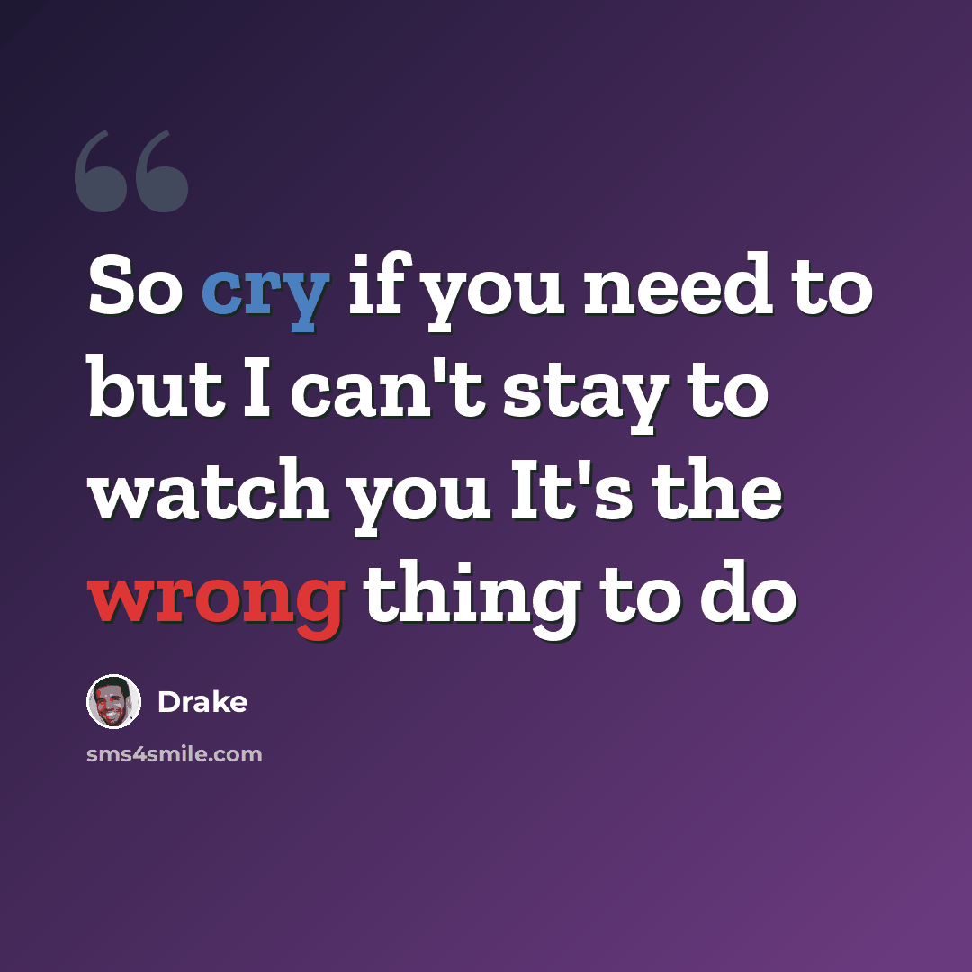 “So cry if you need to but I can't stay to watch you It's the wrong thing to do” quote by Drake