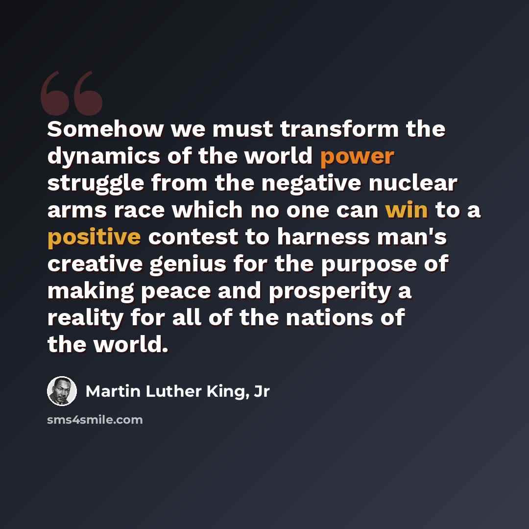“Somehow we must transform the dynamics of the world power struggle from the negative nuclear arms race which no one can win to a positive contest to harness man's creative genius for the purpose of making peace and prosperity a reality for all of the nations of the world.” quote by Martin Luther King, Jr