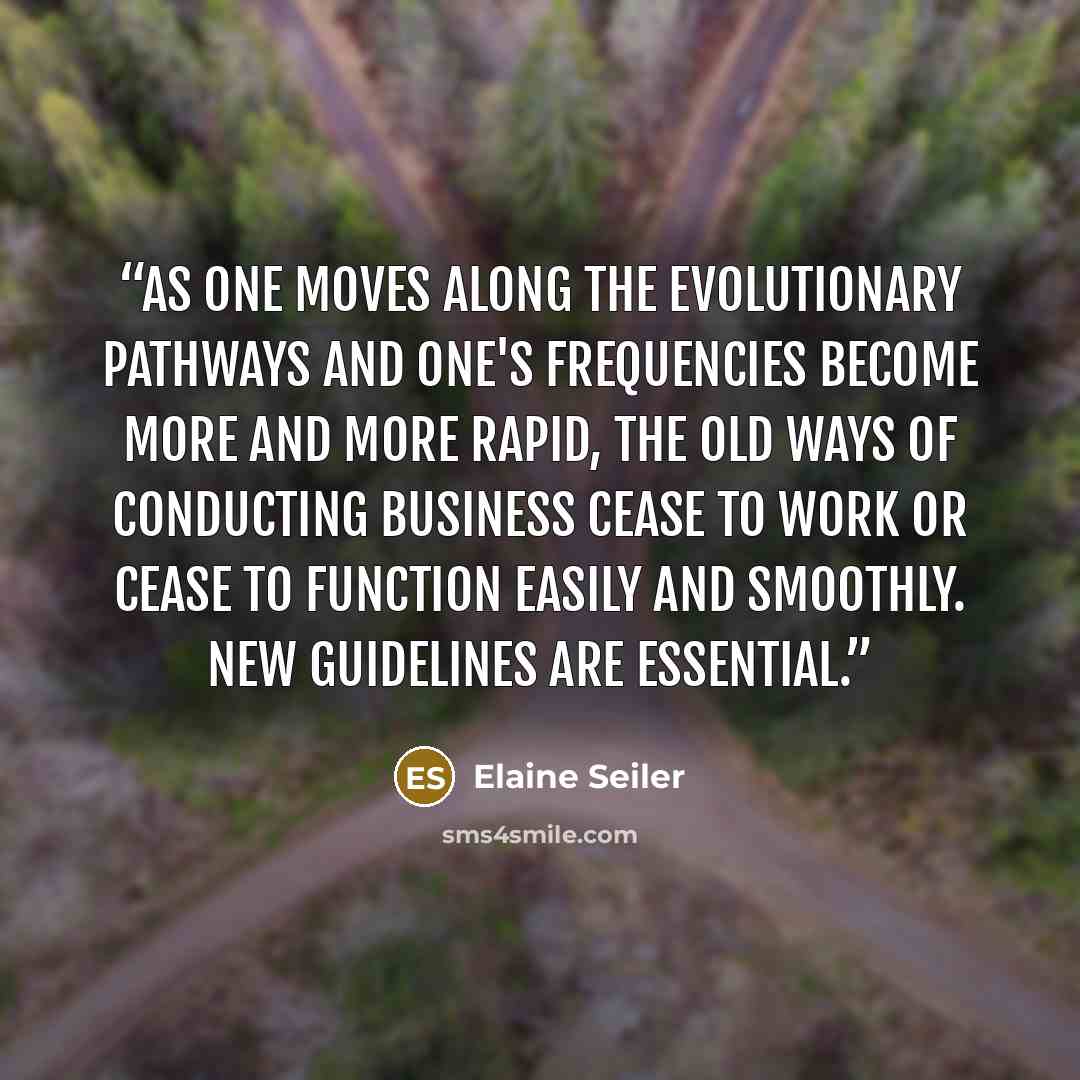 “As one moves along the evolutionary pathways and one's frequencies become more and more rapid, the old ways of conducting business cease to work or cease to function easily and smoothly. New guidelines are essential.” quote by Elaine Seiler