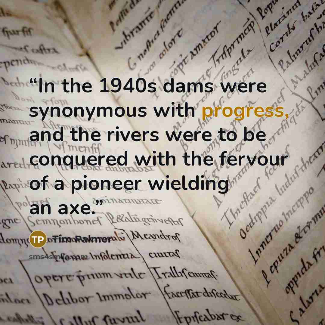 “In the 1940s dams were synonymous with progress, and the rivers were to be conquered with the fervour of a pioneer wielding an axe.” quote by Tim Palmer