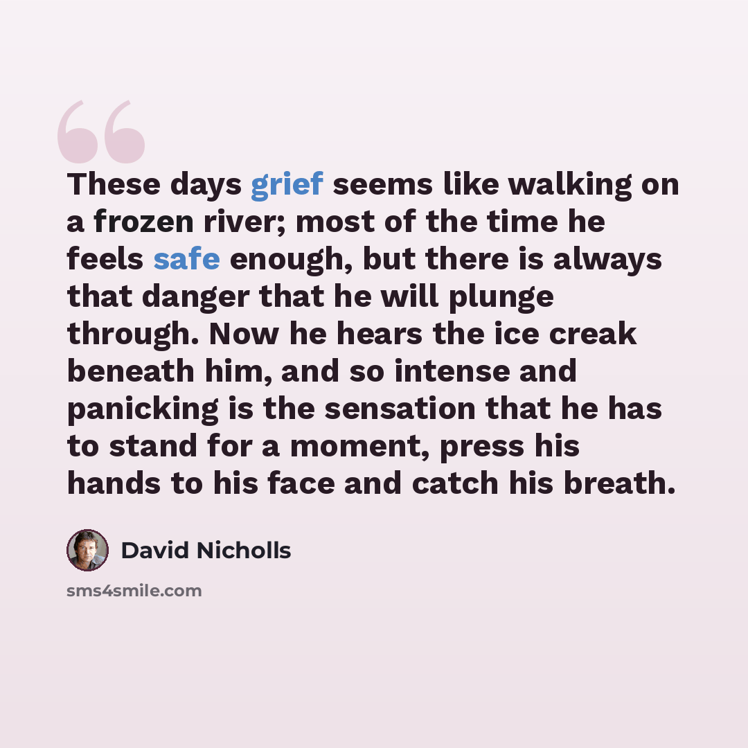 “These days grief seems like walking on a frozen river; most of the time he feels safe enough, but there is always that danger that he will plunge through. Now he hears the ice creak beneath him, and so intense and panicking is the sensation that he has to stand for a moment, press his hands to his…” quote by David Nicholls