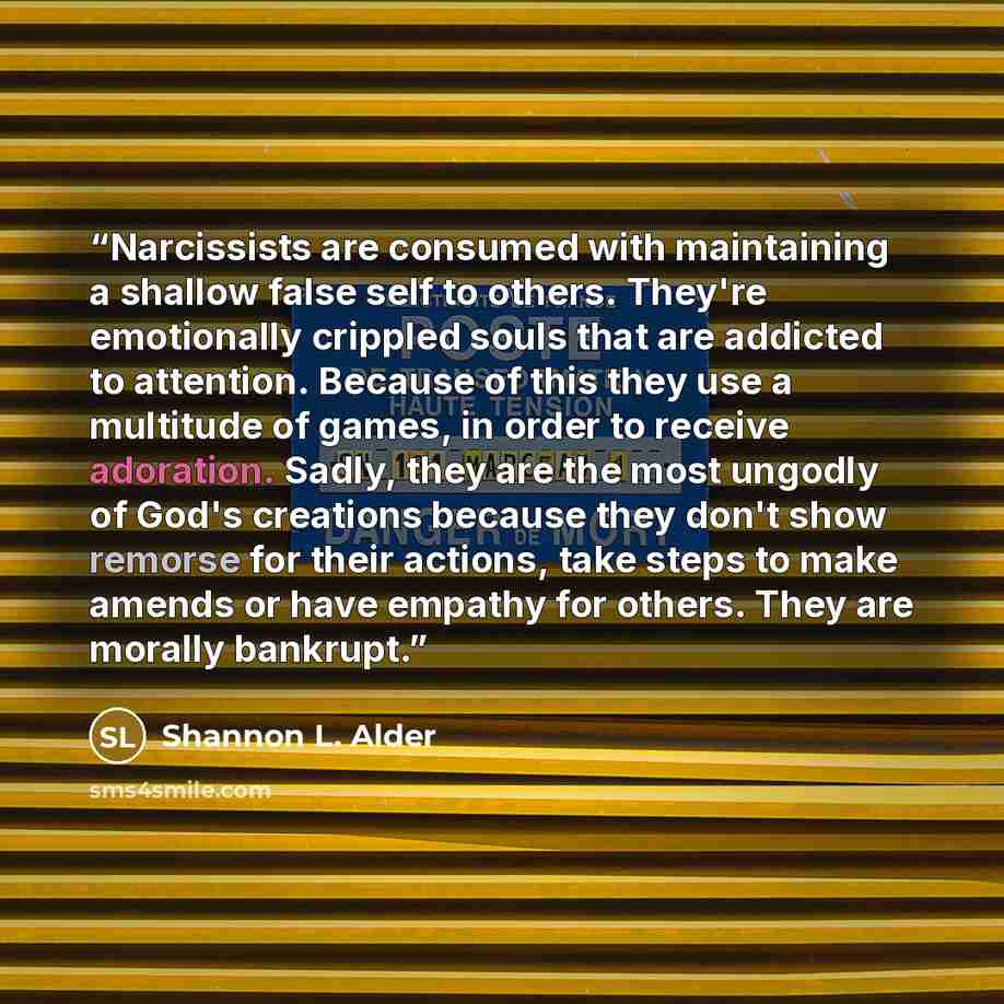 “Narcissists are consumed with maintaining a shallow false self to others. They're emotionally crippled souls that are addicted to attention. Because of this they use a multitude of games, in order to receive adoration. Sadly, they are the most ungodly of God's creations because they don't show…” quote by Shannon L. Alder
