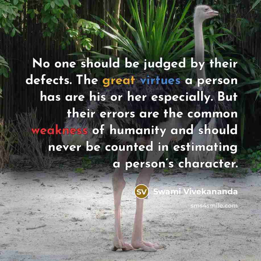 “No one should be judged by their defects. The great virtues a person has are his or her especially. But their errors are the common weakness of humanity and should never be counted in estimating a person’s character.” quote by Swami Vivekananda