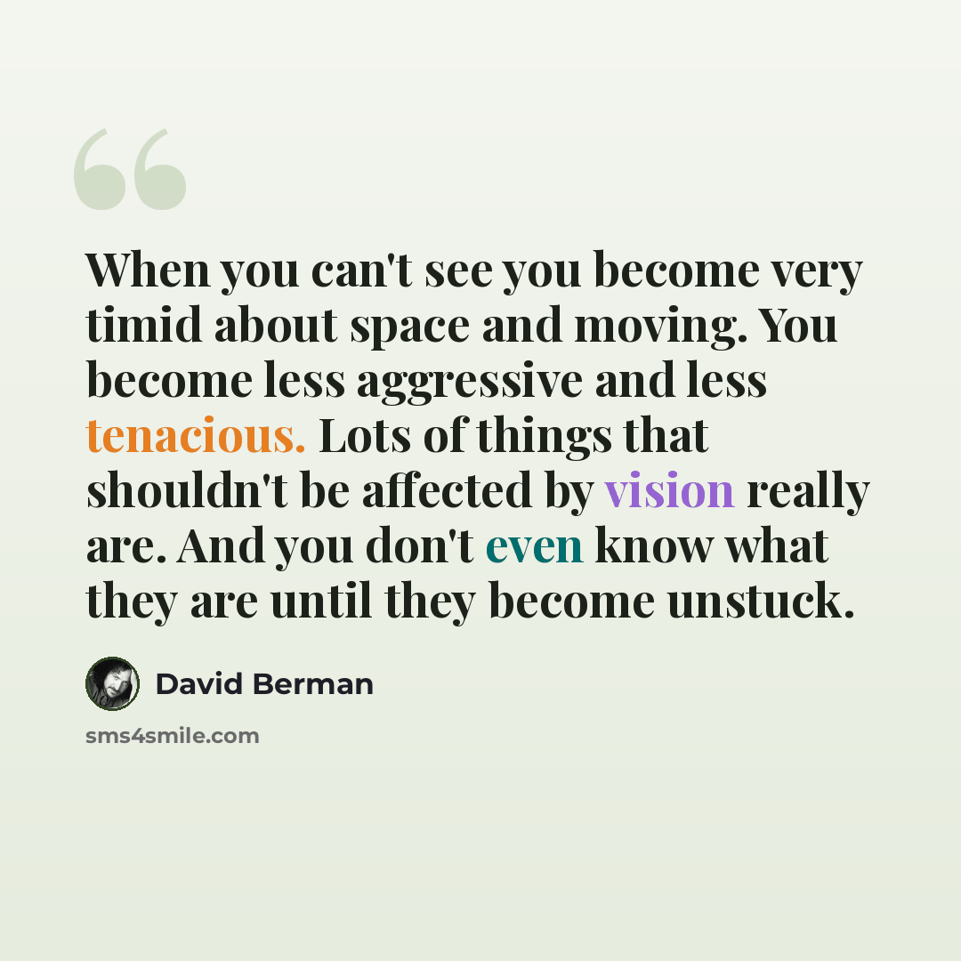 “When you can't see you become very timid about space and moving. You become less aggressive and less tenacious. Lots of things that shouldn't be affected by vision really are. And you don't even know what they are until they become unstuck.” quote by David Berman