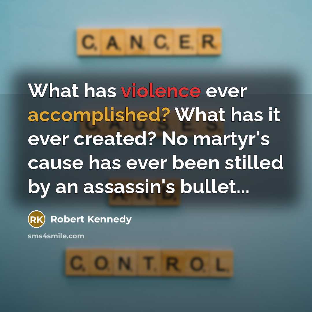 “What has violence ever accomplished? What has it ever created? No martyr's cause has ever been stilled by an assassin's bullet...” quote by Robert Kennedy