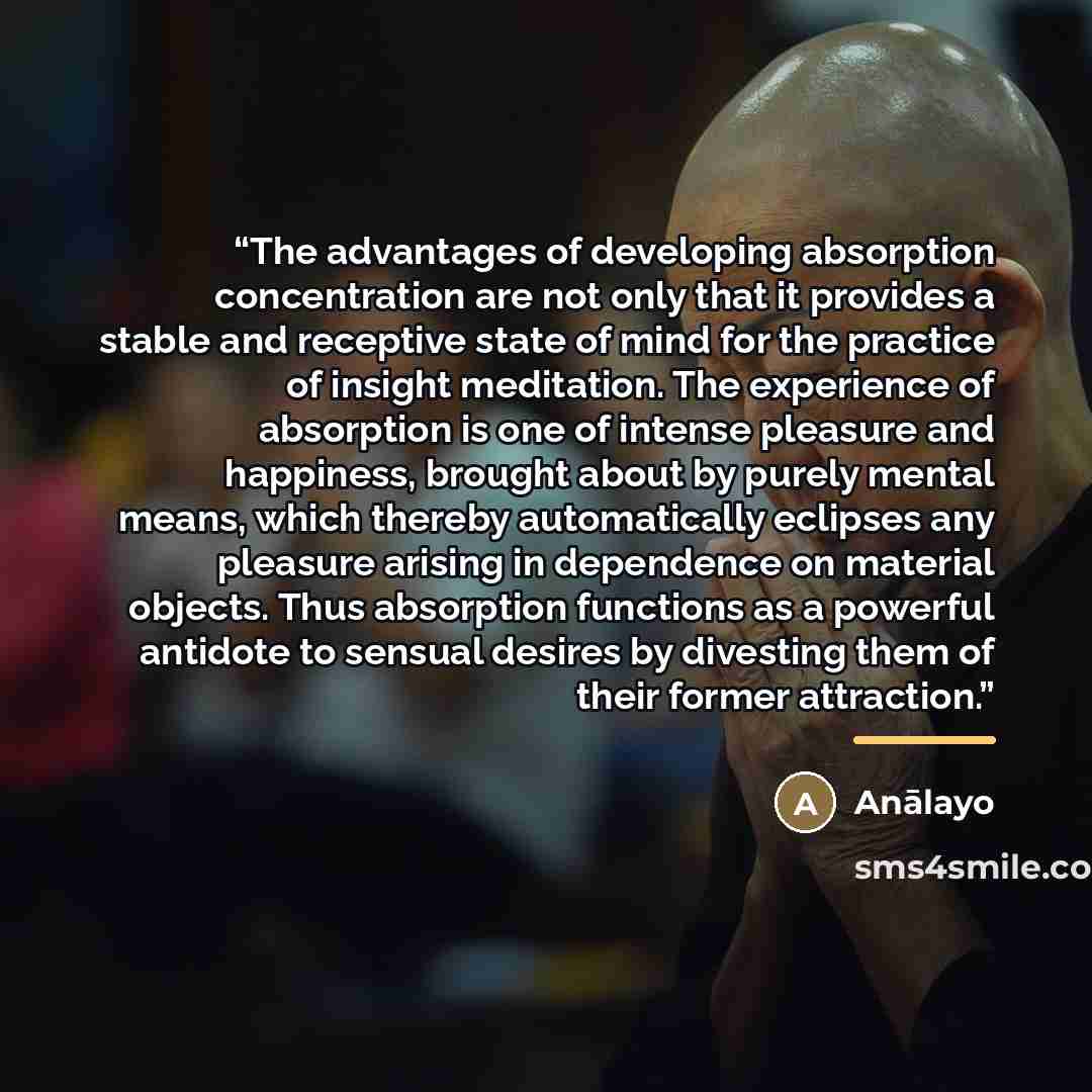 “The advantages of developing absorption concentration are not only that it provides a stable and receptive state of mind for the practice of insight meditation. The experience of absorption is one of intense pleasure and happiness, brought about by purely mental means, which thereby automatically…” quote by Anālayo