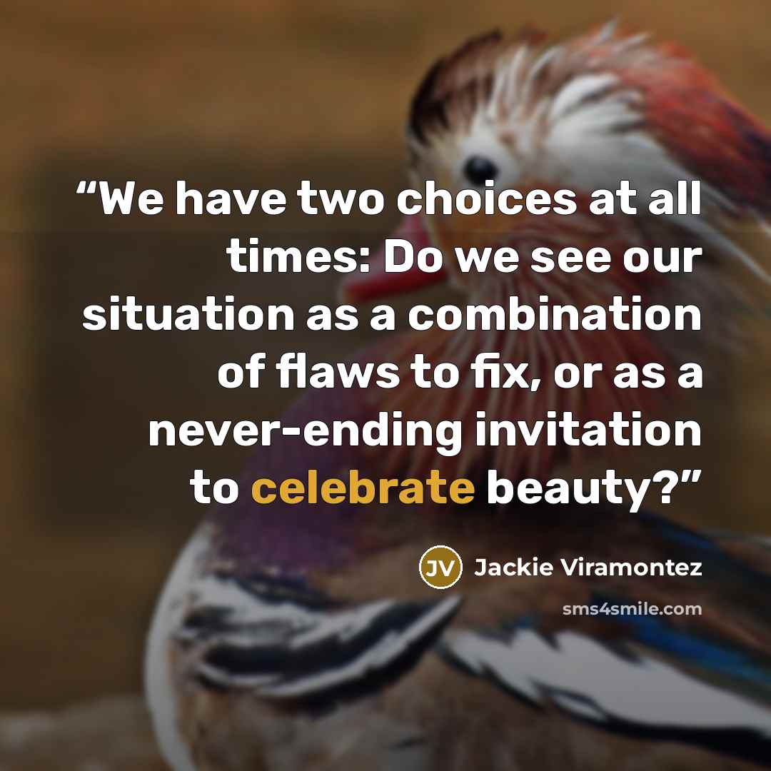 “We have two choices at all times: Do we see our situation as a combination of flaws to fix, or as a never-ending invitation to celebrate beauty?” quote by Jackie Viramontez