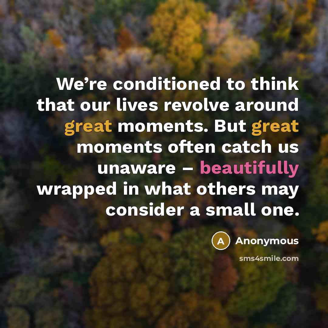 “We’re conditioned to think that our lives revolve around great moments. But great moments often catch us unaware – beautifully wrapped in what others may consider a small one.” quote by Anonymous