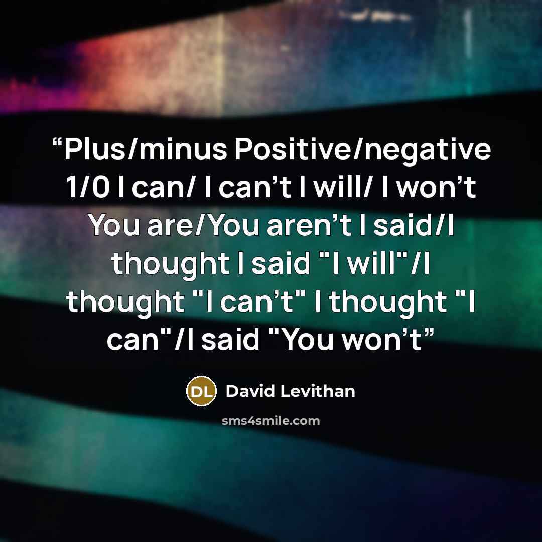 “Plus/minus Positive/negative 1/0 I can/ I can't I will/ I won't You are/You aren't I said/I thought I said "I will"/I thought "I can't" I thought "I can"/I said "You won't” quote by David Levithan