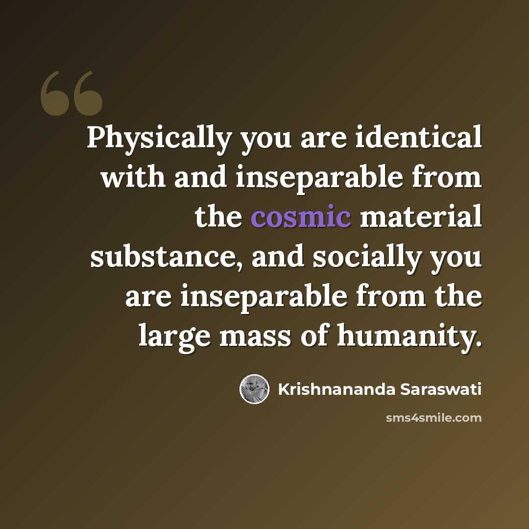 “Physically you are identical with and inseparable from the cosmic material substance, and socially you are inseparable from the large mass of humanity.” quote by Krishnananda Saraswati