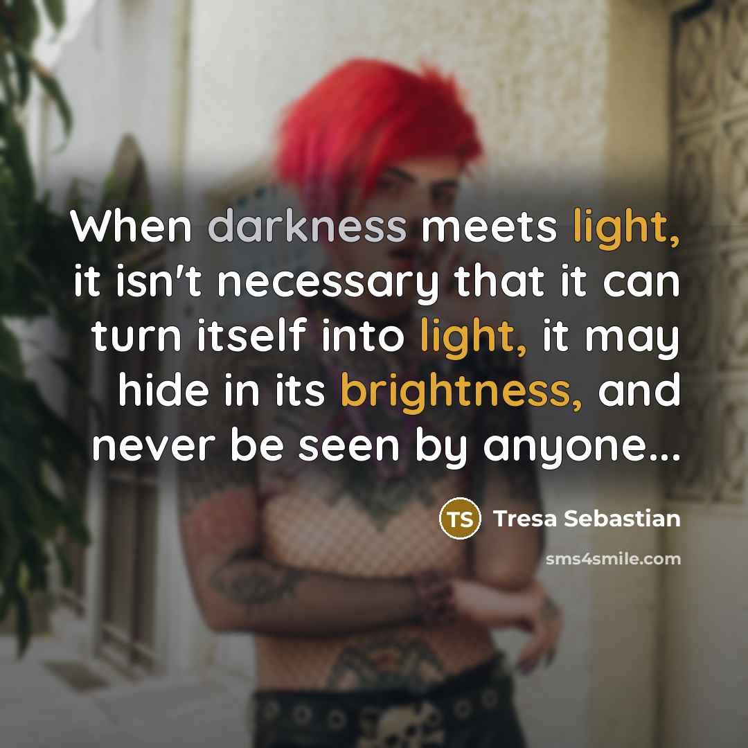 “When darkness meets light, it isn't necessary that it can turn itself into light, it may hide in its brightness, and never be seen by anyone...” quote by Tresa Sebastian
