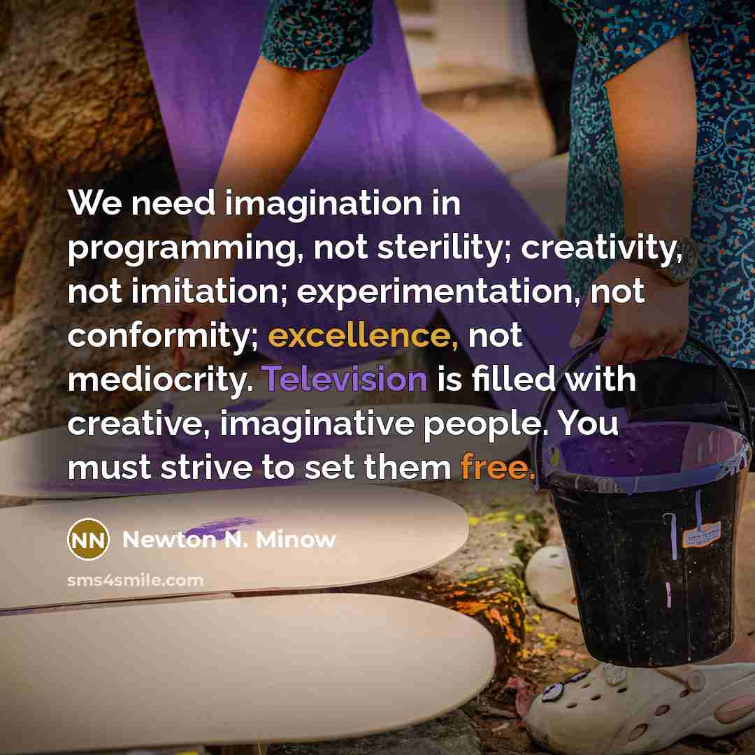 “We need imagination in programming, not sterility; creativity, not imitation; experimentation, not conformity; excellence, not mediocrity. Television is filled with creative, imaginative people. You must strive to set them free.” quote by Newton N. Minow