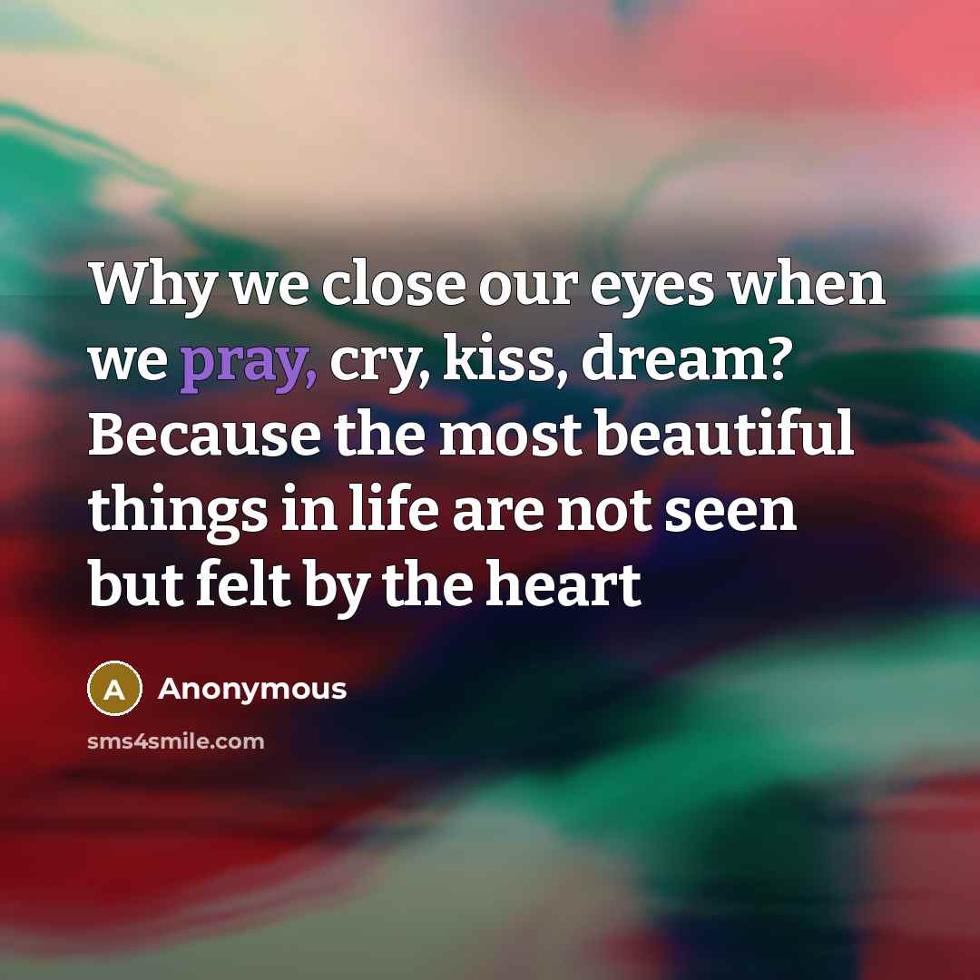 “Why we close our eyes when we pray, cry, kiss, dream? Because the most beautiful things in life are not seen but felt by the heart” quote by Anonymous