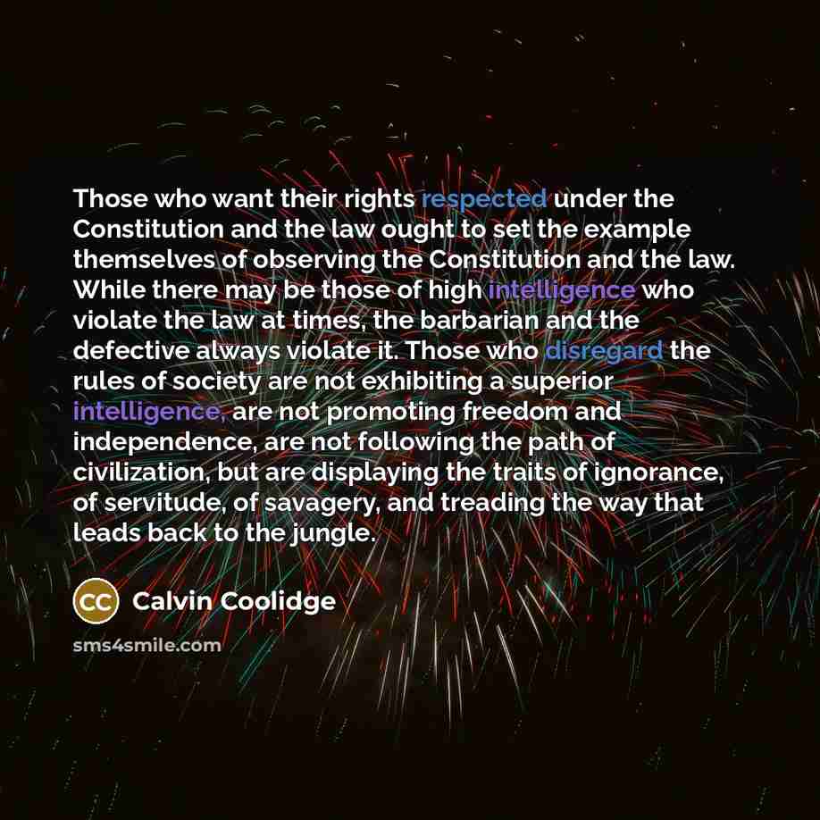 “Those who want their rights respected under the Constitution and the law ought to set the example themselves of observing the Constitution and the law. While there may be those of high intelligence who violate the law at times, the barbarian and the defective always violate it. Those who disregard…” quote by Calvin Coolidge