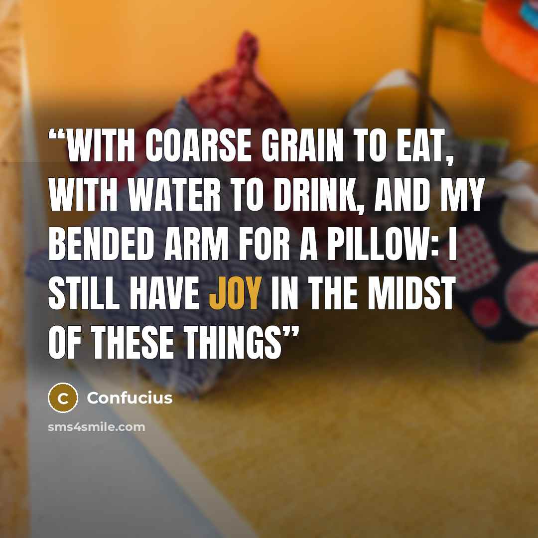 “With coarse grain to eat, with water to drink, and my bended arm for a pillow: I still have joy in the midst of these things” quote by Confucius