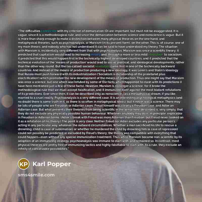 “The difficulties connected with my criterion of demarcation (D) are important, but must not be exaggerated. It is vague, since it is a methodological rule, and since the demarcation between science and nonscience is vague. But it is more than sharp enough to make a distinction between many…” quote by Karl Popper