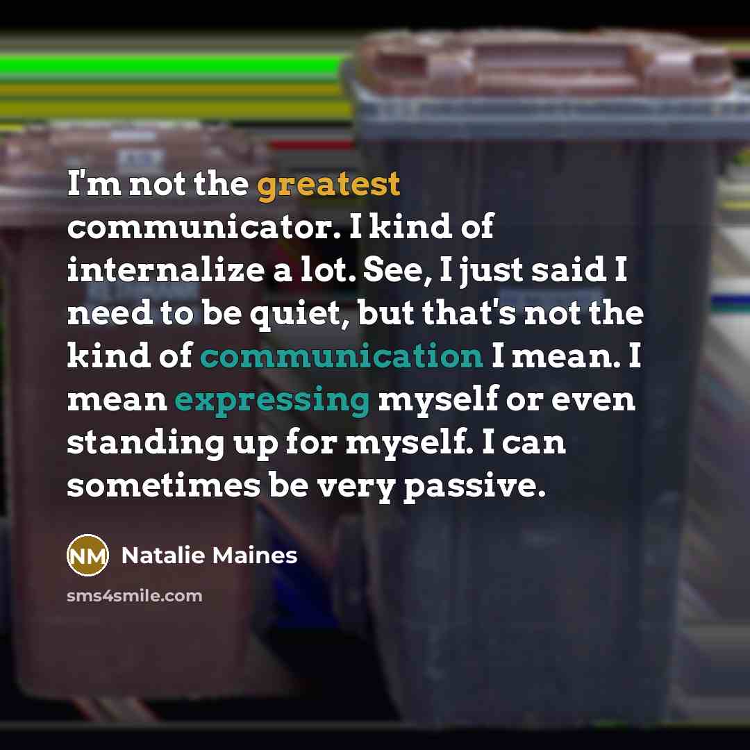 “I'm not the greatest communicator. I kind of internalize a lot. See, I just said I need to be quiet, but that's not the kind of communication I mean. I mean expressing myself or even standing up for myself. I can sometimes be very passive.” quote by Natalie Maines
