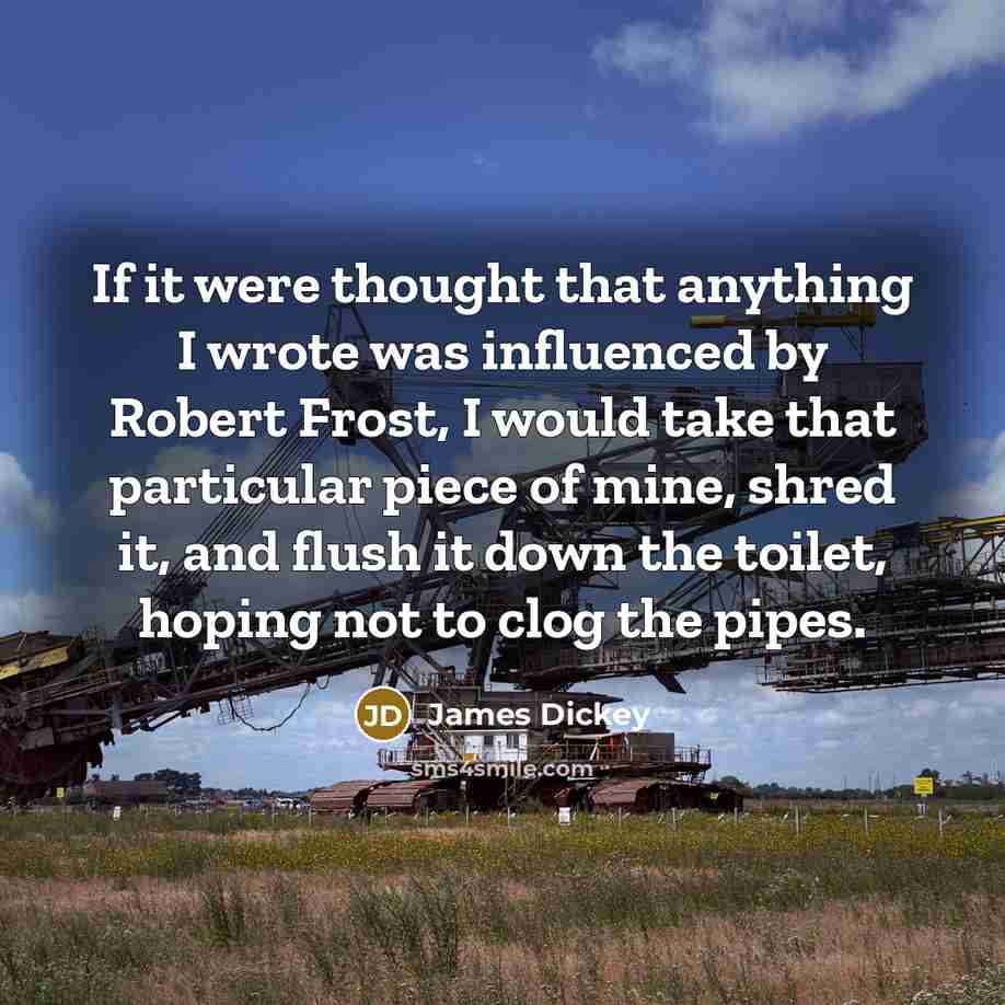 “If it were thought that anything I wrote was influenced by Robert Frost, I would take that particular piece of mine, shred it, and flush it down the toilet, hoping not to clog the pipes.” quote by James Dickey