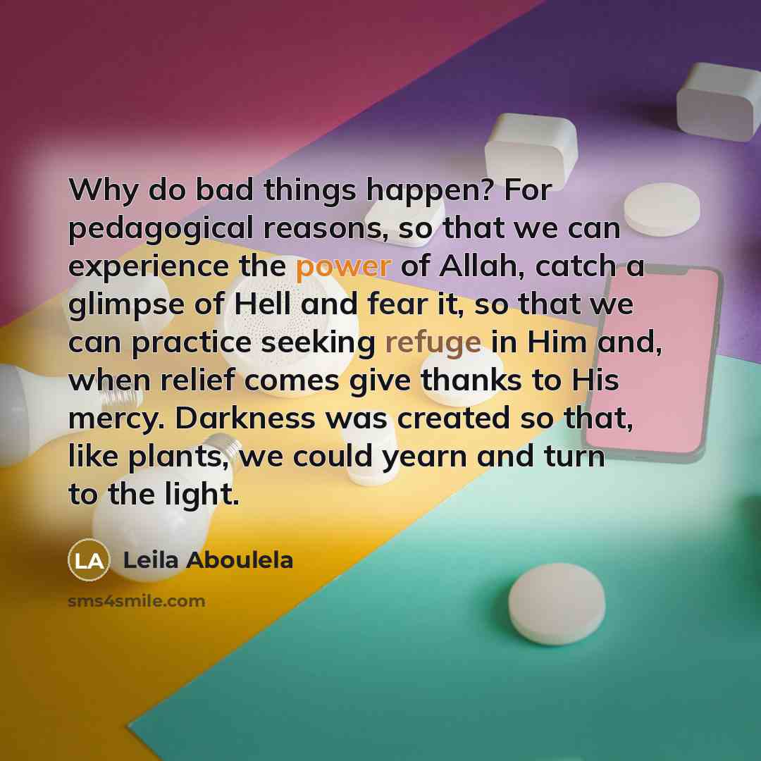 “Why do bad things happen? For pedagogical reasons, so that we can experience the power of Allah, catch a glimpse of Hell and fear it, so that we can practice seeking refuge in Him and, when relief comes give thanks to His mercy. Darkness was created so that, like plants, we could yearn and turn to…” quote by Leila Aboulela