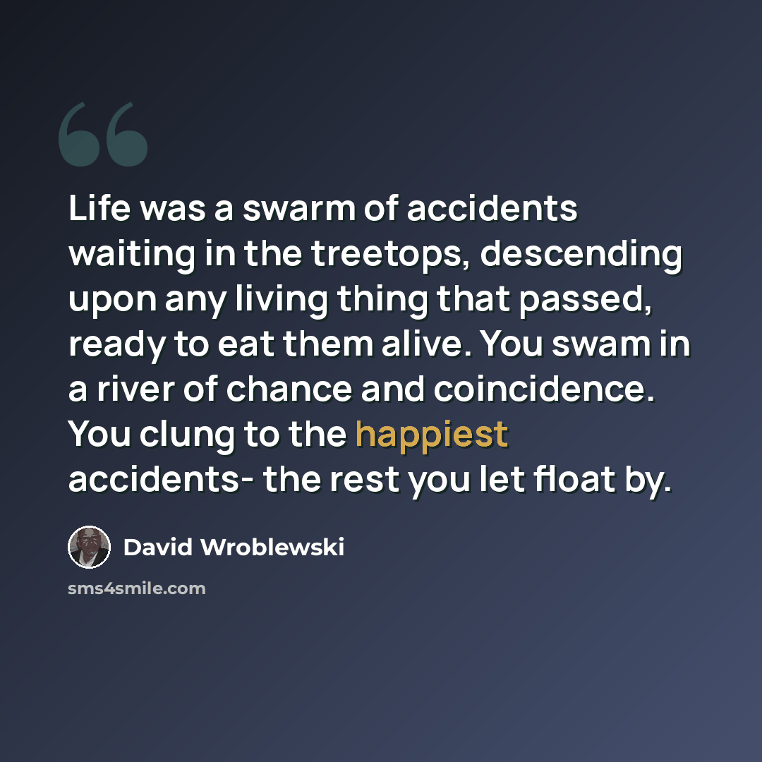 “Life was a swarm of accidents waiting in the treetops, descending upon any living thing that passed, ready to eat them alive. You swam in a river of chance and coincidence. You clung to the happiest accidents- the rest you let float by.” quote by David Wroblewski