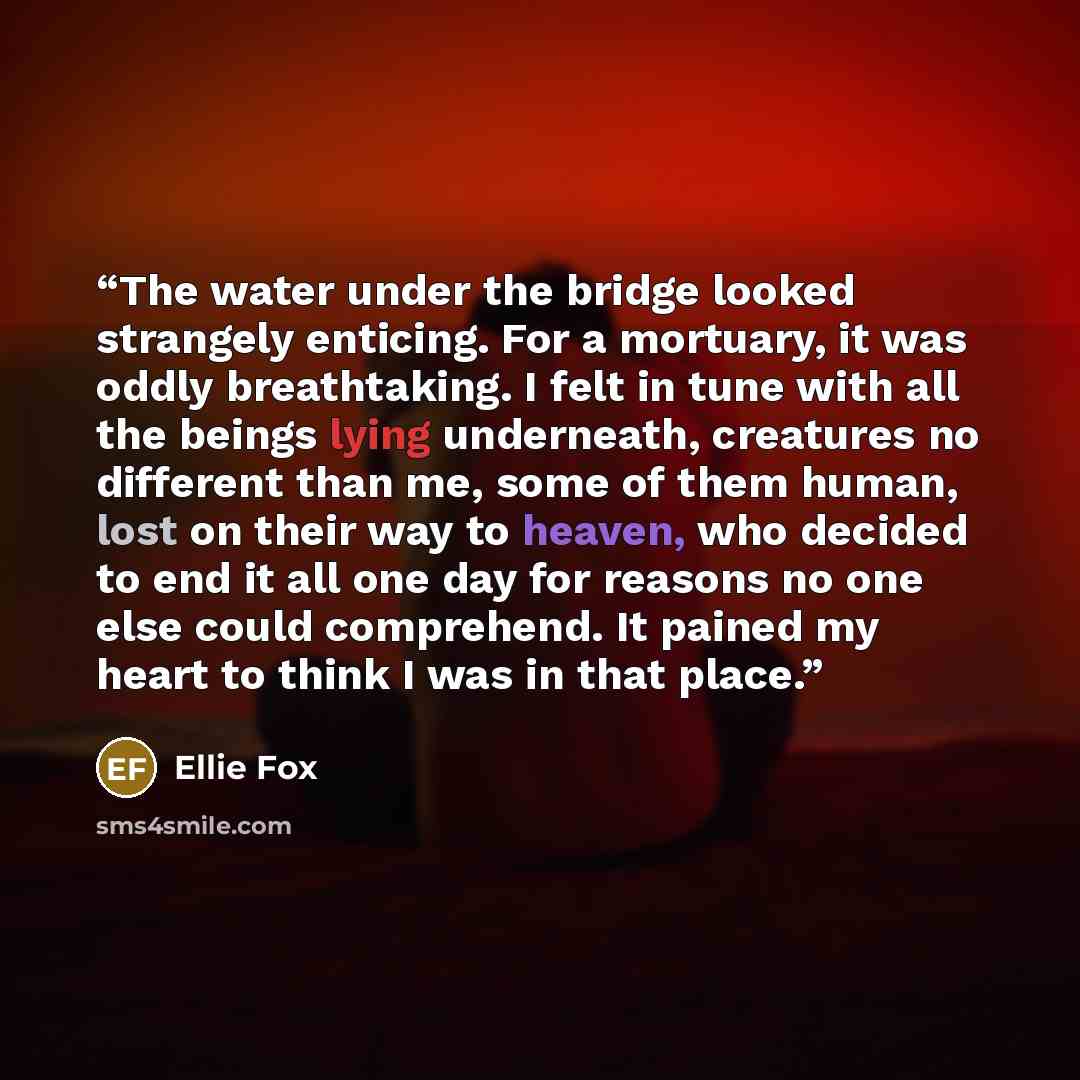 “The water under the bridge looked strangely enticing. For a mortuary, it was oddly breathtaking. I felt in tune with all the beings lying underneath, creatures no different than me, some of them human, lost on their way to heaven, who decided to end it all one day for reasons no one else could…” quote by Ellie Fox