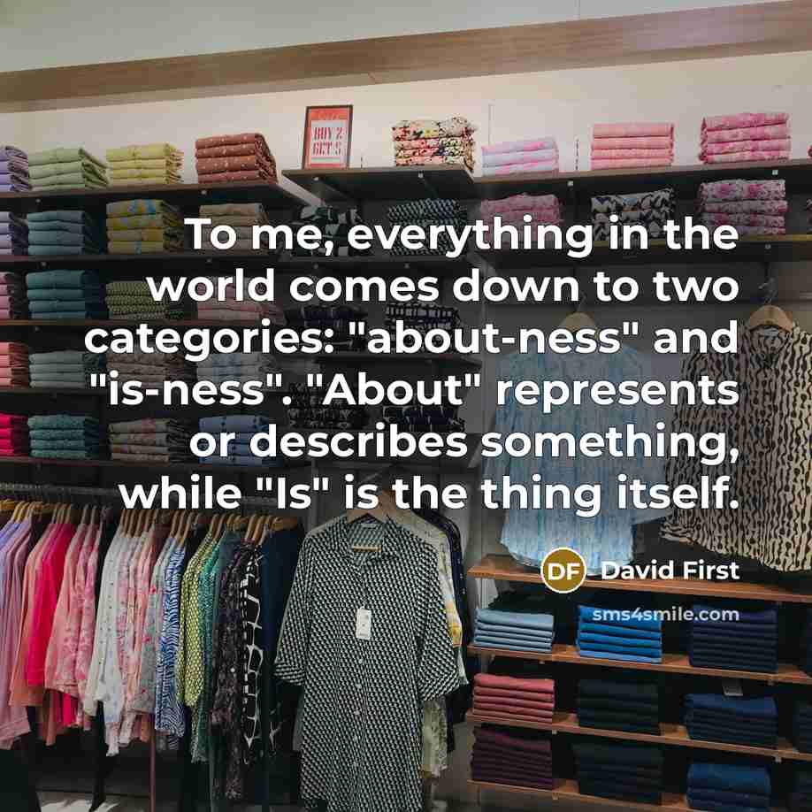 “To me, everything in the world comes down to two categories: "about-ness" and "is-ness". "About" represents or describes something, while "Is" is the thing itself.” quote by David First