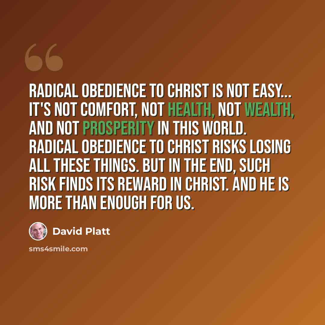 “Radical obedience to Christ is not easy... It's not comfort, not health, not wealth, and not prosperity in this world. Radical obedience to Christ risks losing all these things. But in the end, such risk finds its reward in Christ. And he is more than enough for us.” quote by David Platt