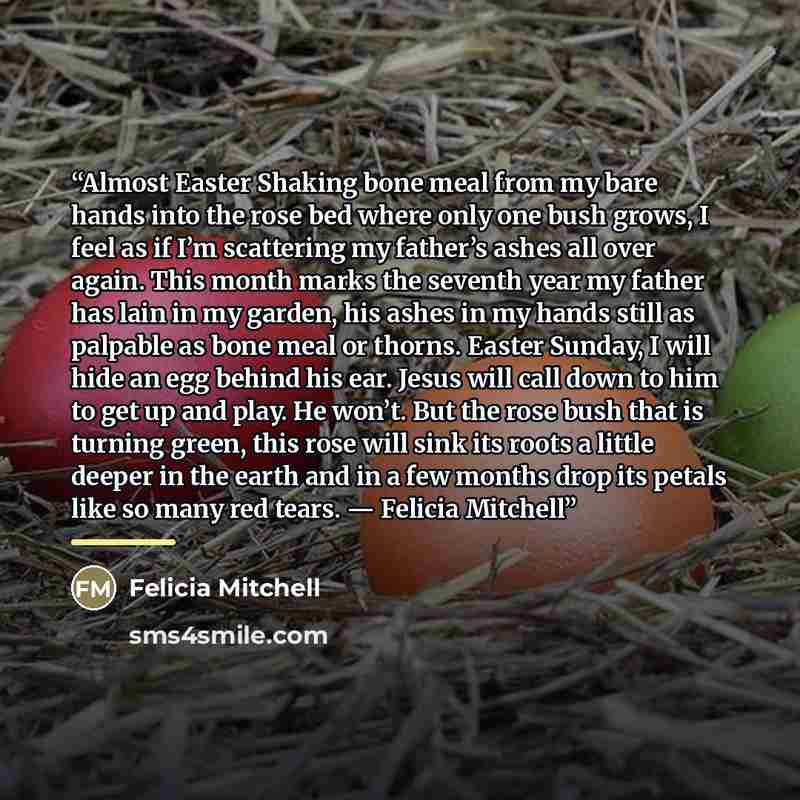 “Almost Easter Shaking bone meal from my bare hands into the rose bed where only one bush grows, I feel as if I’m scattering my father’s ashes all over again. This month marks the seventh year my father has lain in my garden, his ashes in my hands still as palpable as bone meal or thorns. Easter…” quote by Felicia Mitchell