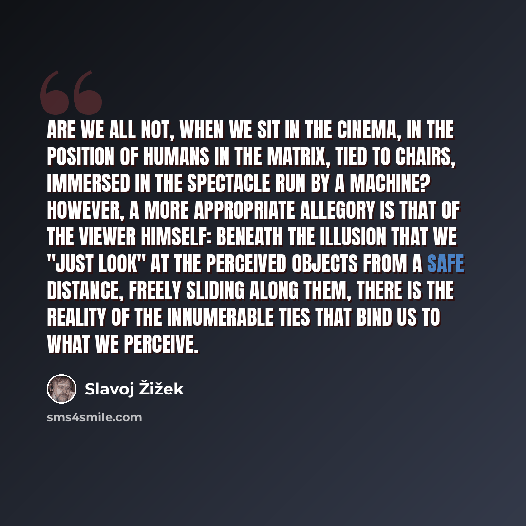 “Are we all not, when we sit in the cinema, in the position of humans in The Matrix, tied to chairs, immersed in the spectacle run by a machine? However, a more appropriate allegory is that of the viewer himself: beneath the illusion that we "just look" at the perceived objects from a safe…” quote by Slavoj Žižek