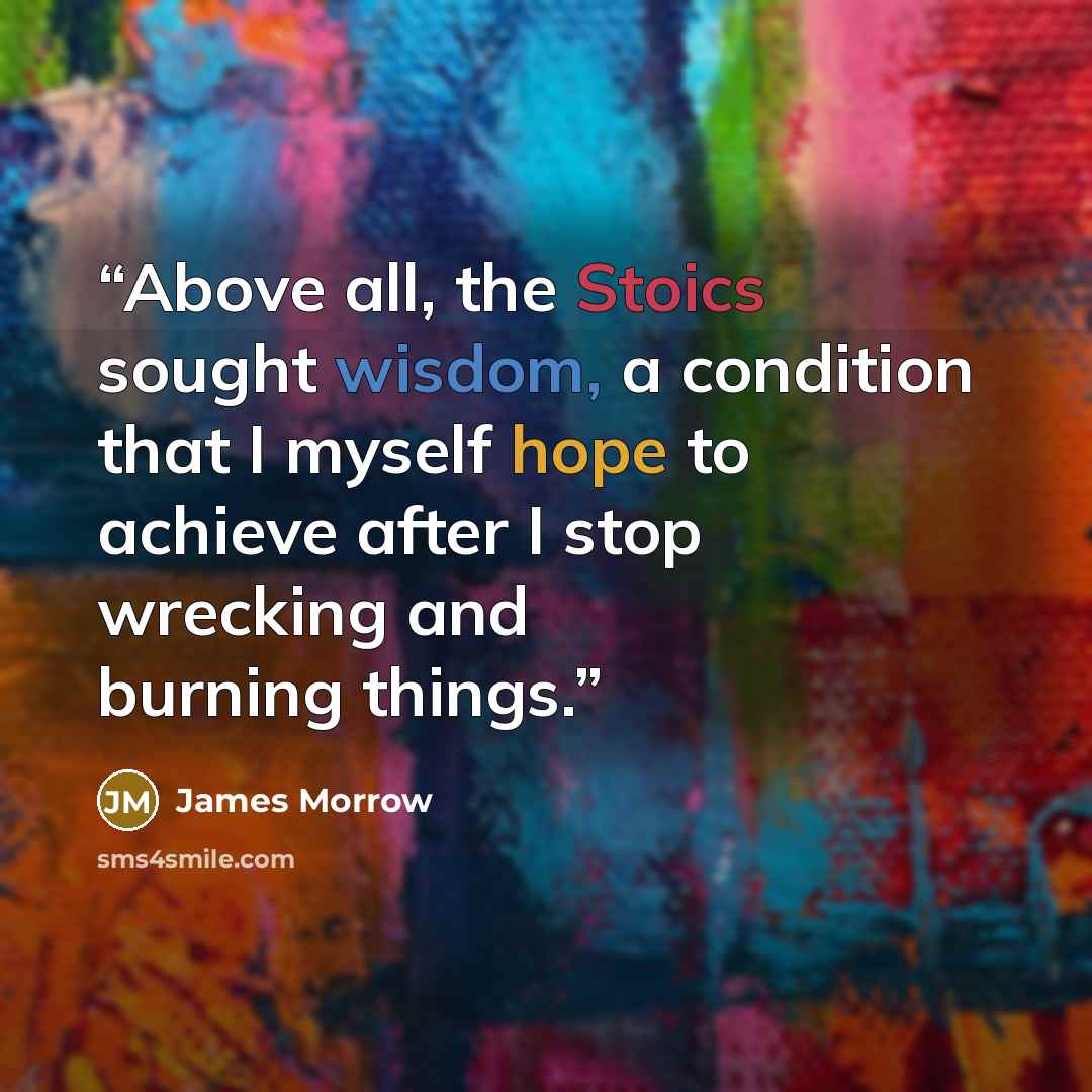 “Above all, the Stoics sought wisdom, a condition that I myself hope to achieve after I stop wrecking and burning things.” quote by James Morrow