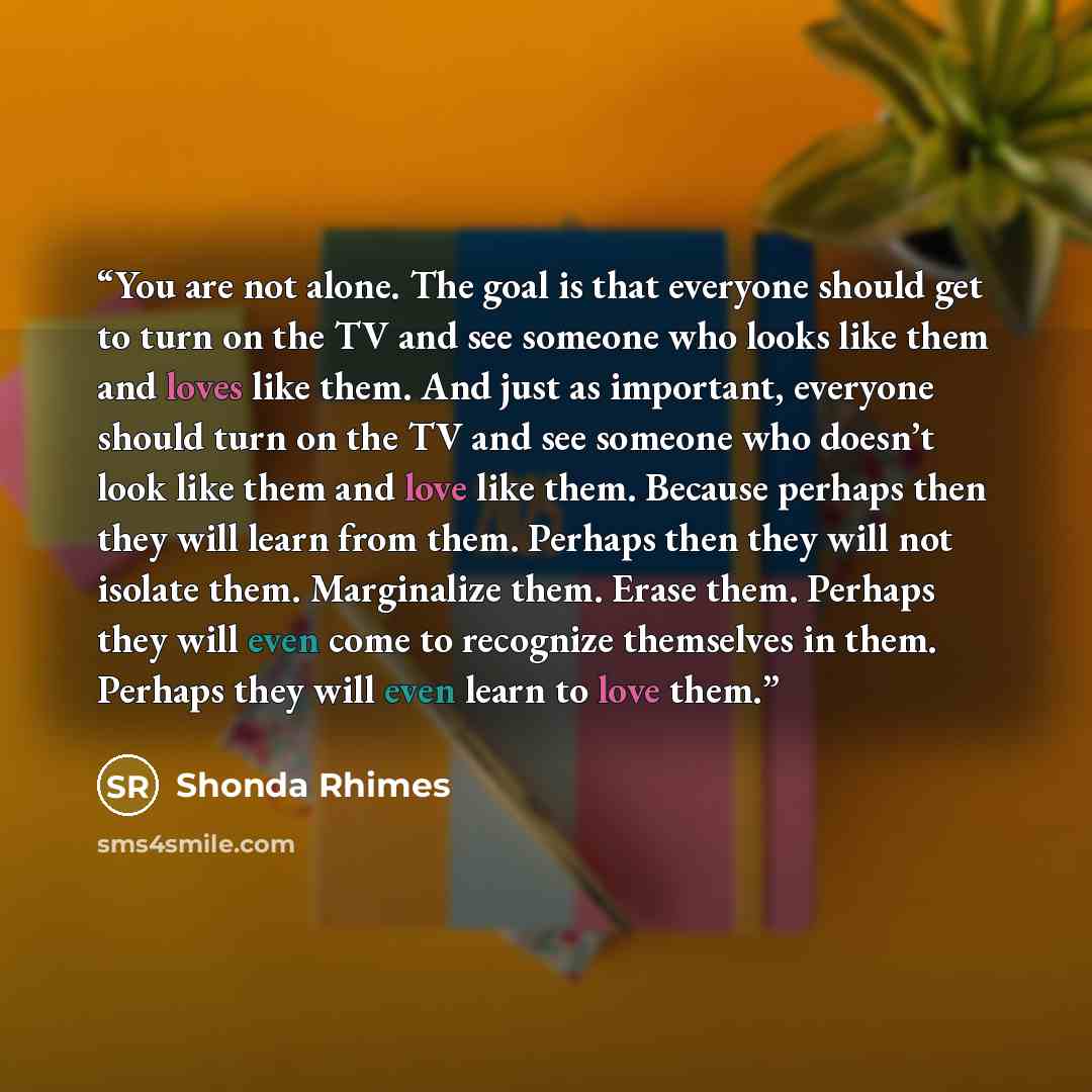 “You are not alone. The goal is that everyone should get to turn on the TV and see someone who looks like them and loves like them. And just as important, everyone should turn on the TV and see someone who doesn’t look like them and love like them. Because perhaps then they will learn from them…” quote by Shonda Rhimes