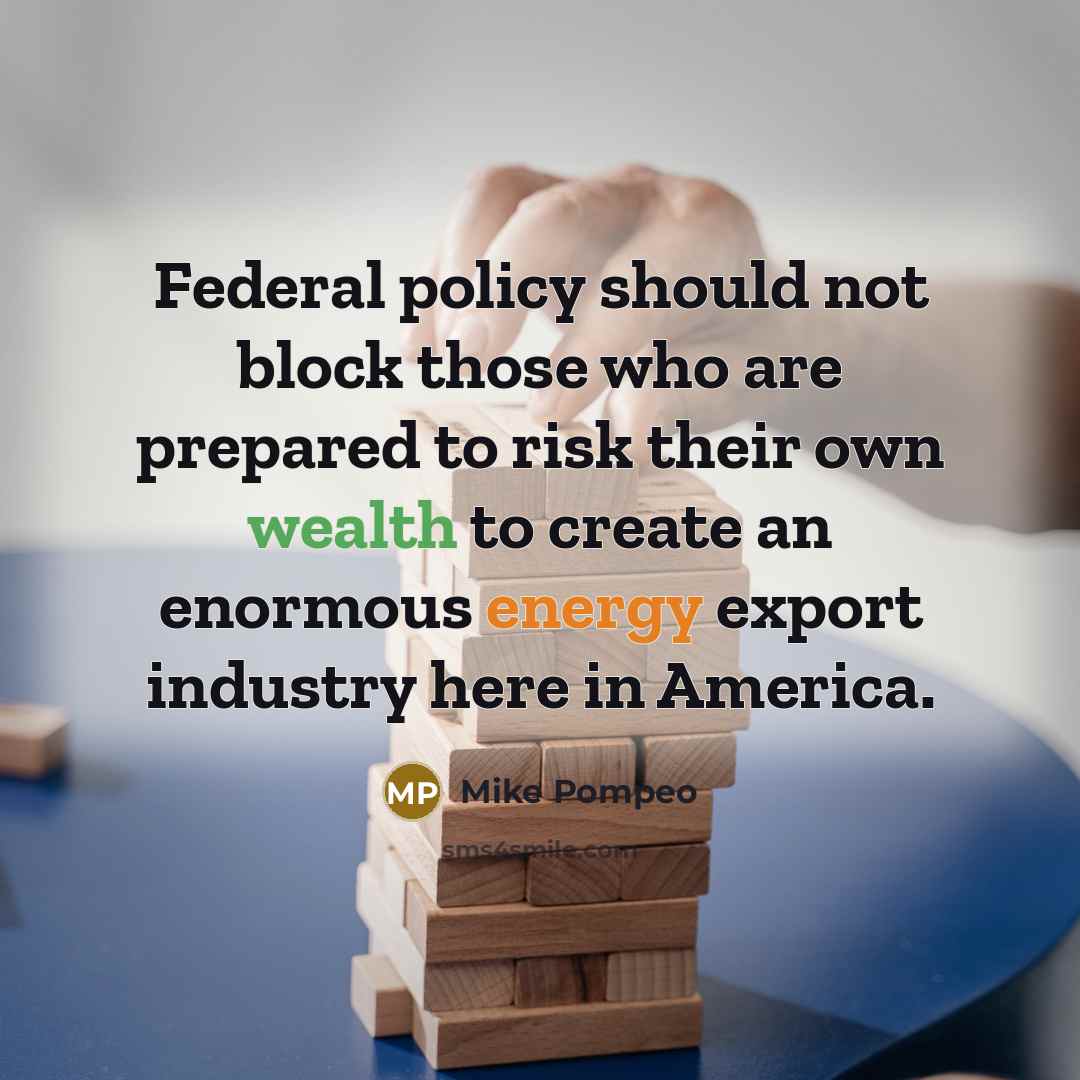 “Federal policy should not block those who are prepared to risk their own wealth to create an enormous energy export industry here in America.” quote by Mike Pompeo