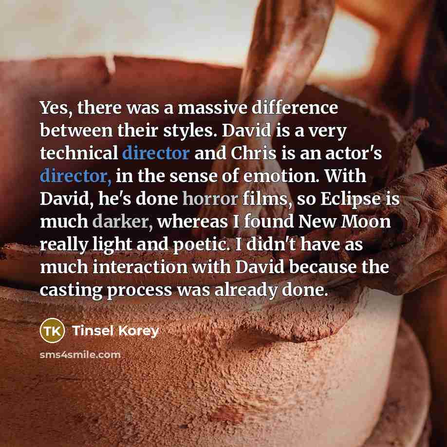 “Yes, there was a massive difference between their styles. David is a very technical director and Chris is an actor's director, in the sense of emotion. With David, he's done horror films, so Eclipse is much darker, whereas I found New Moon really light and poetic. I didn't have as much interaction…” quote by Tinsel Korey