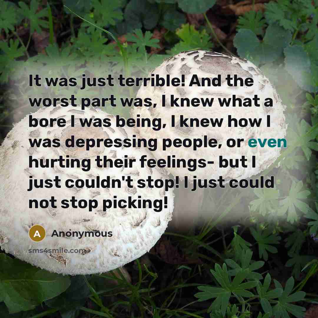 “It was just terrible! And the worst part was, I knew what a bore I was being, I knew how I was depressing people, or even hurting their feelings- but I just couldn't stop! I just could not stop picking!” quote by Anonymous