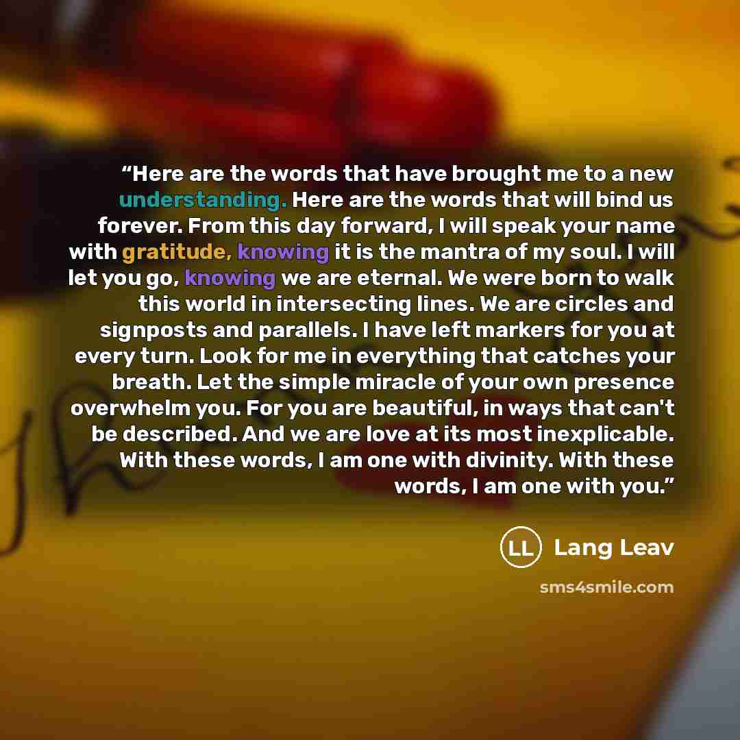 “Here are the words that have brought me to a new understanding. Here are the words that will bind us forever. From this day forward, I will speak your name with gratitude, knowing it is the mantra of my soul. I will let you go, knowing we are eternal. We were born to walk this world in…” quote by Lang Leav