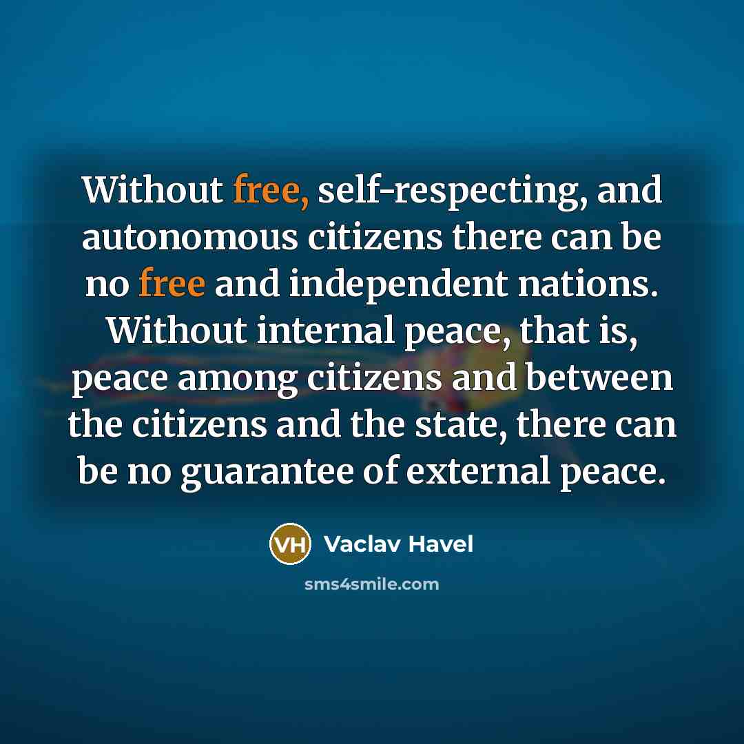 “Without free, self-respecting, and autonomous citizens there can be no free and independent nations. Without internal peace, that is, peace among citizens and between the citizens and the state, there can be no guarantee of external peace.” quote by Vaclav Havel