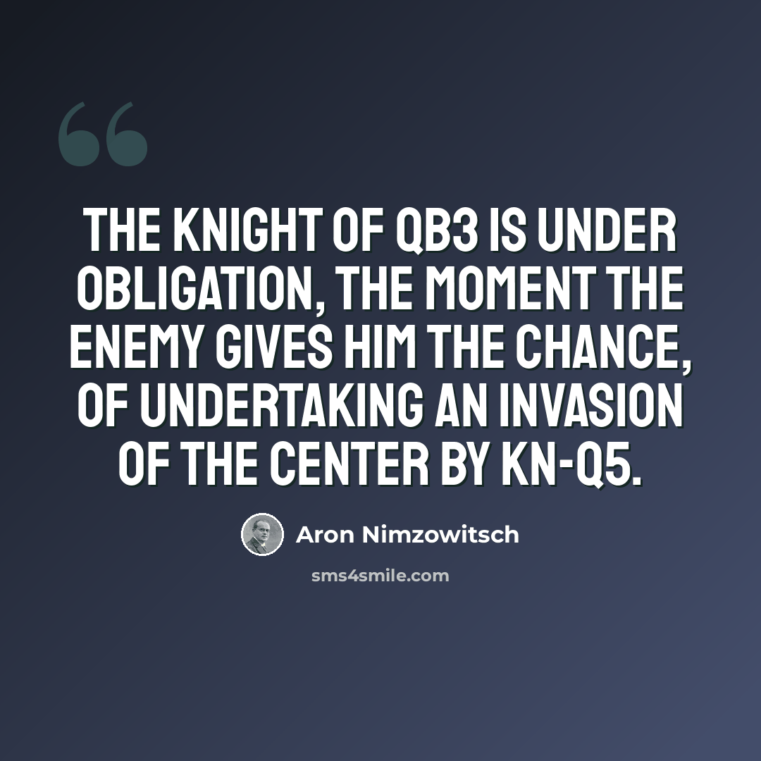 “The knight of QB3 is under obligation, the moment the enemy gives him the chance, of undertaking an invasion of the center by Kn-Q5.” quote by Aron Nimzowitsch