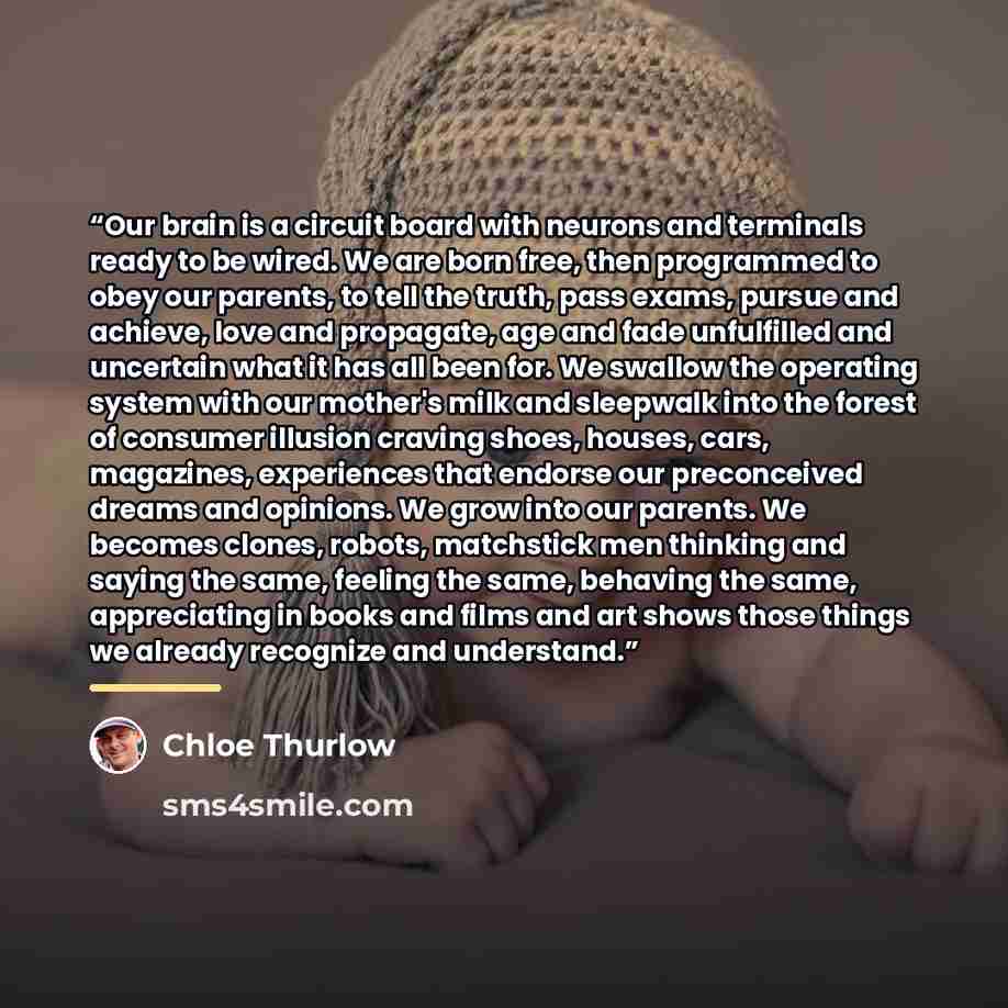 “Our brain is a circuit board with neurons and terminals ready to be wired. We are born free, then programmed to obey our parents, to tell the truth, pass exams, pursue and achieve, love and propagate, age and fade unfulfilled and uncertain what it has all been for. We swallow the operating system…” quote by Chloe Thurlow