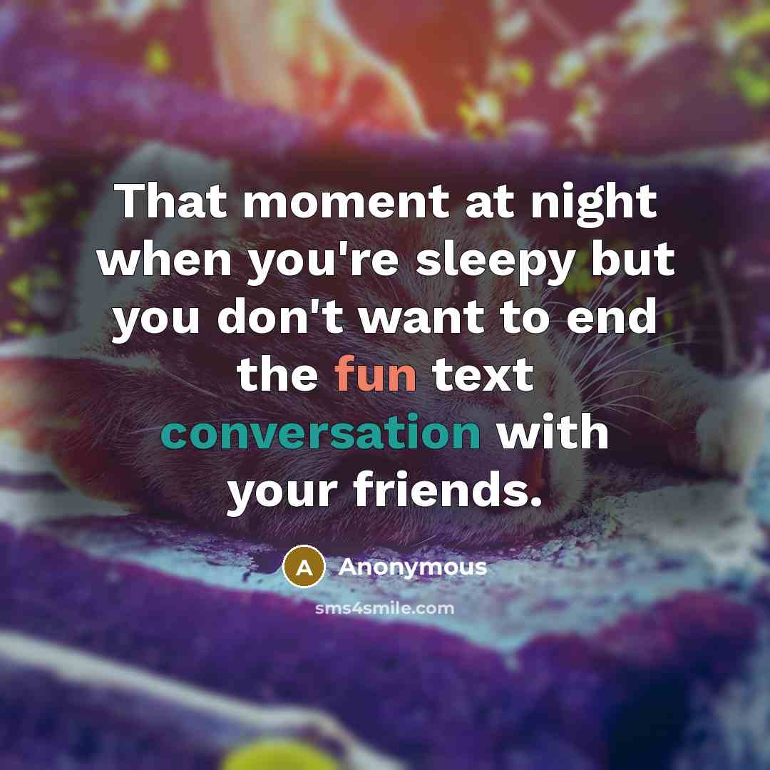 “That moment at night when you're sleepy but you don't want to end the fun text conversation with your friends.” quote by Anonymous