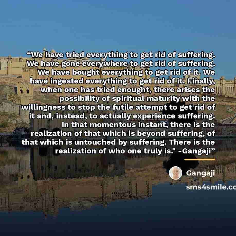 “We have tried everything to get rid of suffering. We have gone everywhere to get rid of suffering. We have bought everything to get rid of it. We have ingested everything to get rid of it. Finally, when one has tried enought, there arises the possibility of spiritual maturity with the willingness…” quote by Gangaji