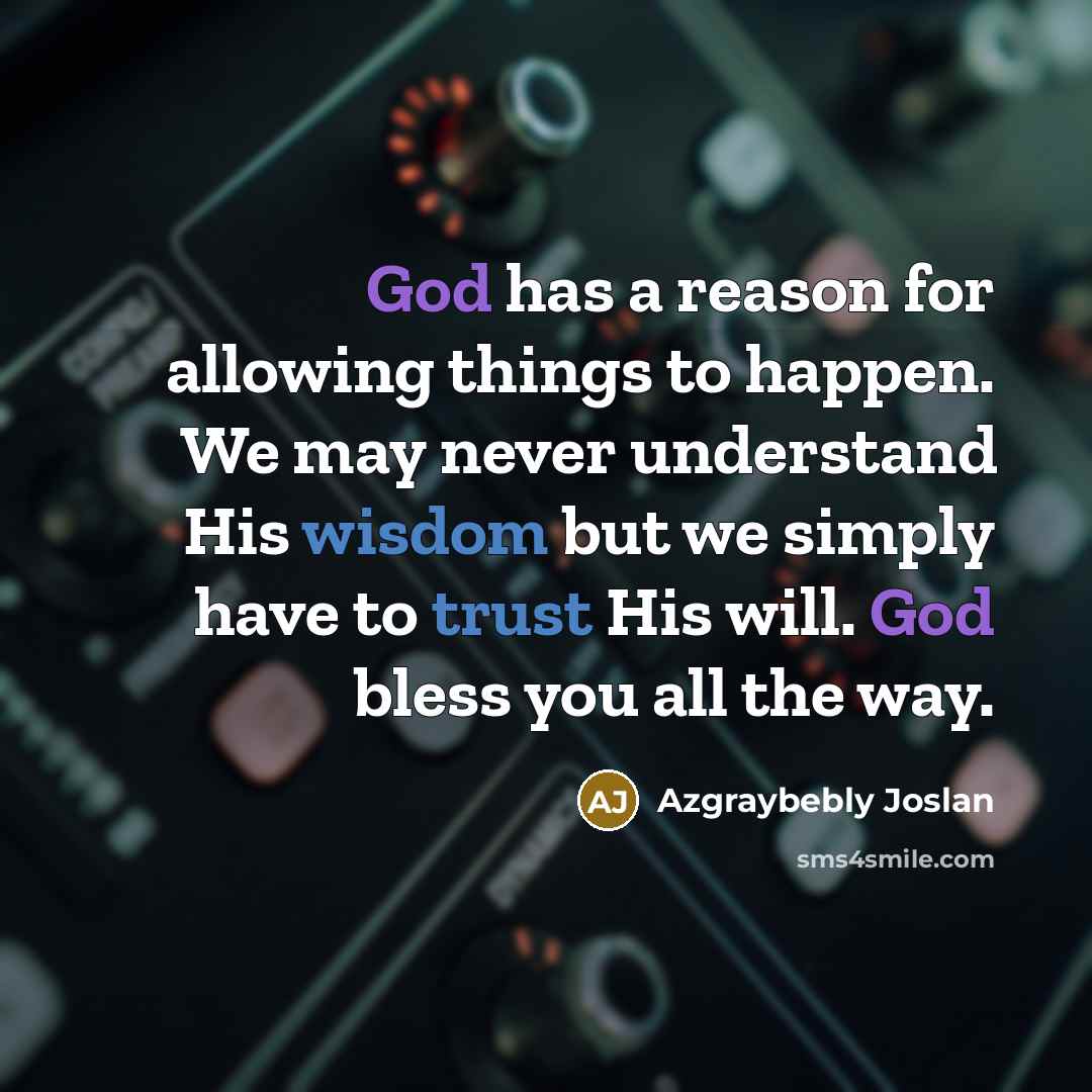 “God has a reason for allowing things to happen. We may never understand His wisdom but we simply have to trust His will. God bless you all the way.” quote by Azgraybebly Joslan