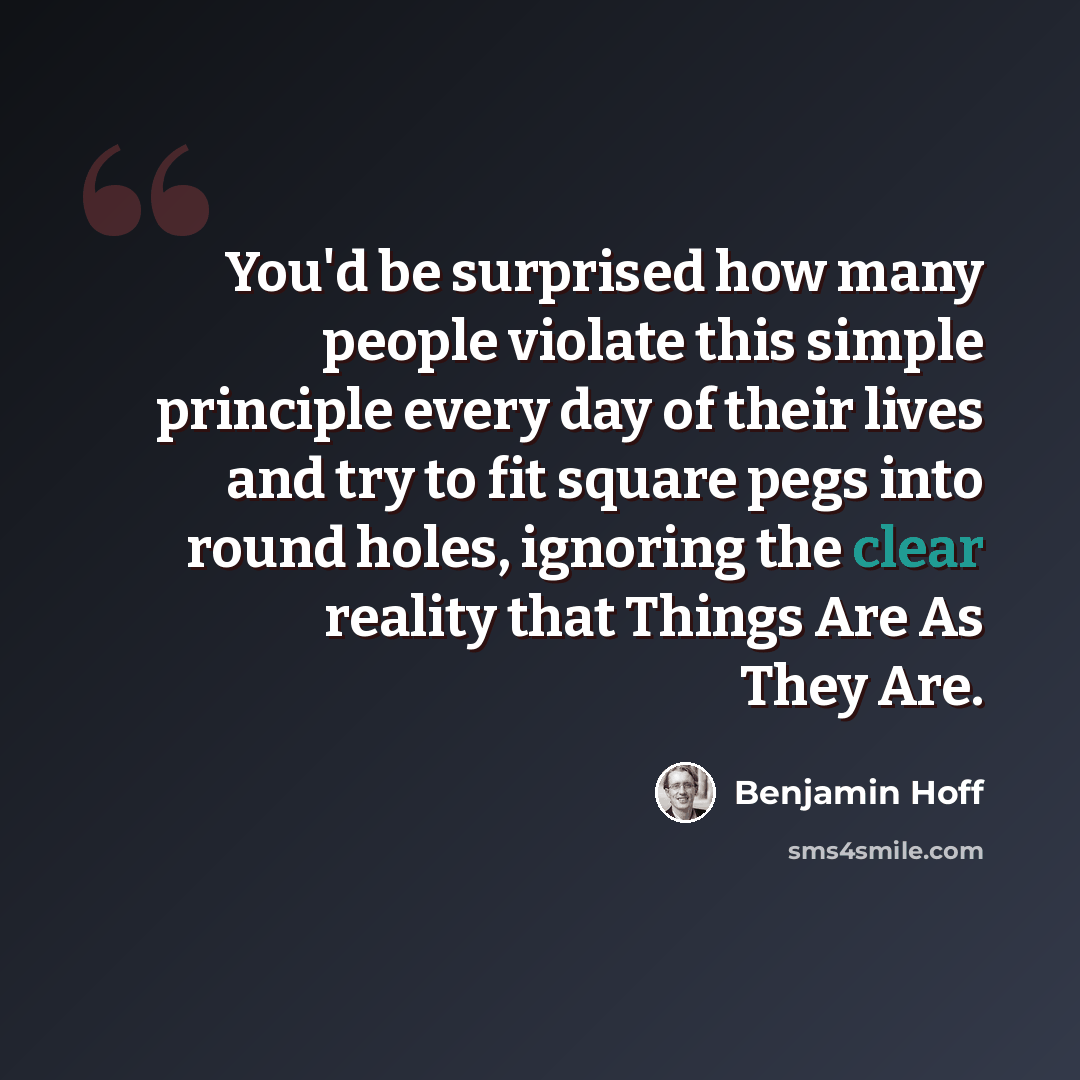 “You'd be surprised how many people violate this simple principle every day of their lives and try to fit square pegs into round holes, ignoring the clear reality that Things Are As They Are.” quote by Benjamin Hoff