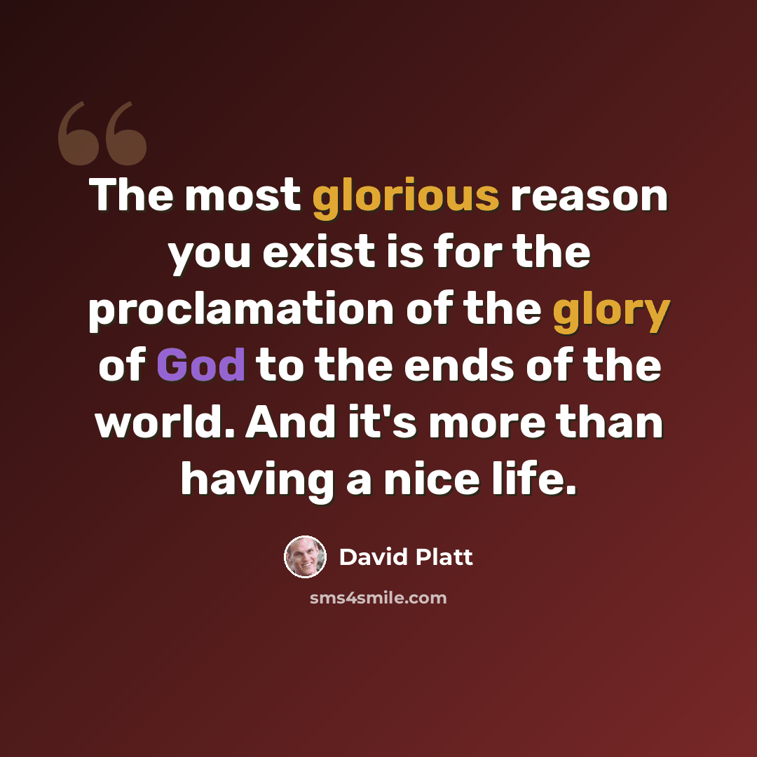 “The most glorious reason you exist is for the proclamation of the glory of God to the ends of the world. And it's more than having a nice life.” quote by David Platt