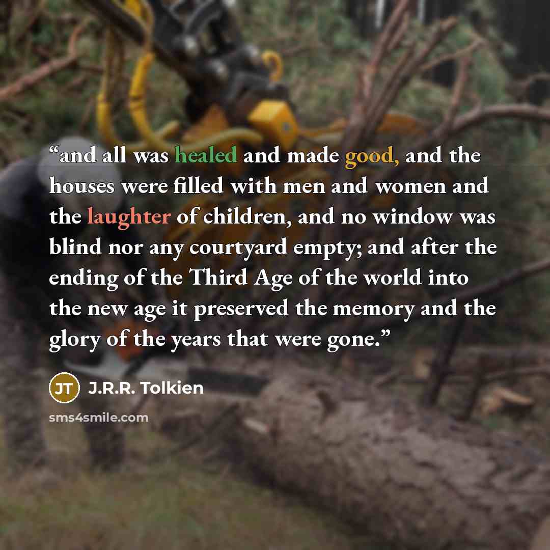 “and all was healed and made good, and the houses were filled with men and women and the laughter of children, and no window was blind nor any courtyard empty; and after the ending of the Third Age of the world into the new age it preserved the memory and the glory of the years that were gone.” quote by J.R.R. Tolkien