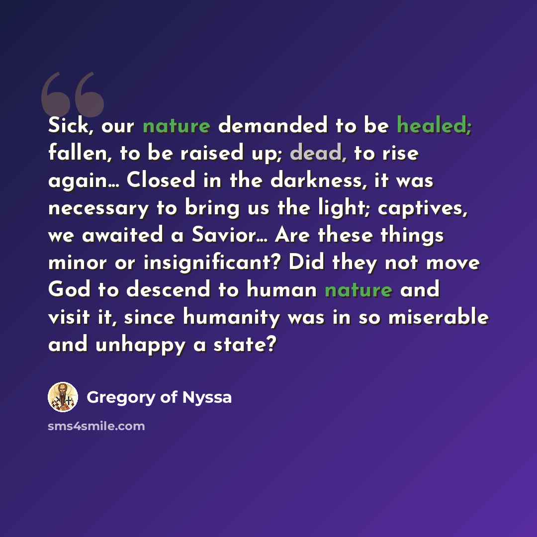 “Sick, our nature demanded to be healed; fallen, to be raised up; dead, to rise again... Closed in the darkness, it was necessary to bring us the light; captives, we awaited a Savior... Are these things minor or insignificant? Did they not move God to descend to human nature and visit it, since…” quote by Gregory of Nyssa