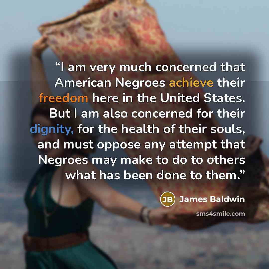 “I am very much concerned that American Negroes achieve their freedom here in the United States. But I am also concerned for their dignity, for the health of their souls, and must oppose any attempt that Negroes may make to do to others what has been done to them.” quote by James Baldwin