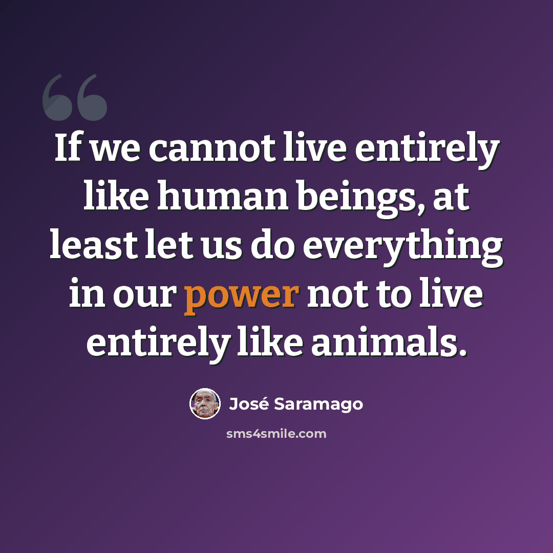 “If we cannot live entirely like human beings, at least let us do everything in our power not to live entirely like animals.” quote by Jose Saramago